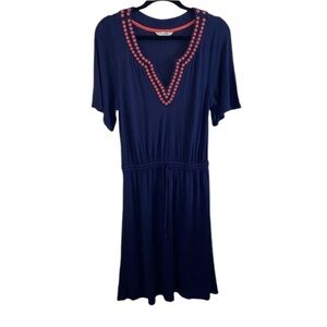 BODEN NAVY EMBROIDERED V-NECK DRAWSTRING MIDI DRESS SIZE 6 LONG